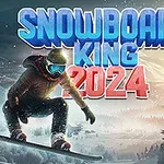 En snowboarder i action i et vinterlandskap med store snødekte fjell i bakgrunnen, under teksten Snowboard King 2024
