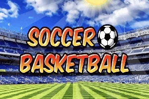 Tekst med ordene Soccer Basketball med en fotball i midten, plassert over et stadion med blå himmel og gresskledd bane