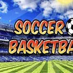 Tekst med ordene Soccer Basketball med en fotball i midten, plassert over et stadion med blå himmel og gresskledd bane