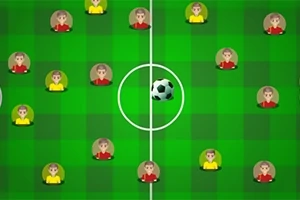 Animasjon av en fotballbane med spillere i røde og gule drakter og en ball midt på banen