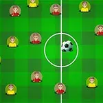 Animasjon av en fotballbane med spillere i røde og gule drakter og en ball midt på banen