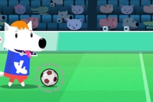 En tegneseriehund med blå skjorte og rød shorts står på en fotballbane med en ball foran seg, omgitt av publikum i bakgrunnen