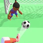 To figurer i røde og blå drakter spiller fotball foran et mål, med en ball i midten