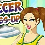 Tegning av en kvinne med brun hestehale i sportsdrakt ved siden av teksten Soccer Dress-Up