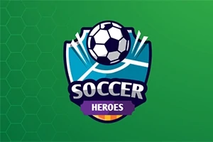 Emblem av en fotball med tekst Soccer Heroes på grønn bakgrunn med et sekskantet mønster