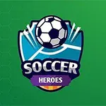 Emblem av en fotball med tekst Soccer Heroes på grønn bakgrunn med et sekskantet mønster