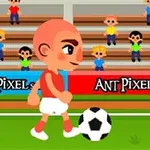 Tegneseriefigur spiller fotball på banen med publikum i bakgrunnen