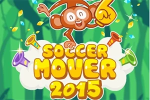 En tegneserieaktig ape holder en stor, gul hanske med tallet seks, omgitt av fargerike trompeter og teksten Soccer Mover 2015 på en sky