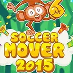 En tegneserieaktig ape holder en stor, gul hanske med tallet seks, omgitt av fargerike trompeter og teksten Soccer Mover 2015 på en sky