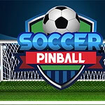 En fotball og logo med ordene Soccer Pinball foran et fotballmål på en bane
