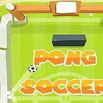 Grønn spillebane med ordet Pong Soccer i oransje bokstaver og en fotball som beveger seg mot et mål