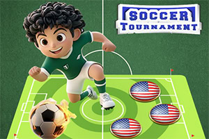 En animert figur i grønn drakt spiller fotball på en bane med flagg av USA og teksten Soccer Tournament øverst
