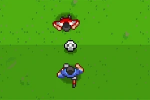 To spillere, en i rødt og en i blått, står klar til å slåss om en fotball på en grønn gressbane