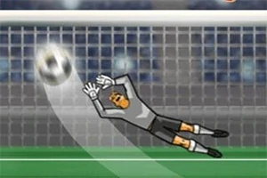 En animerte målvakt strekker seg for å redde en ball foran et fotballmål