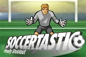En tegnet fotballkeeper står foran et mål på en fotballbane med teksten Soccertastic Penalty Shootout i forgrunnen