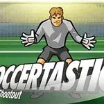En tegnet fotballkeeper står foran et mål på en fotballbane med teksten Soccertastic Penalty Shootout i forgrunnen