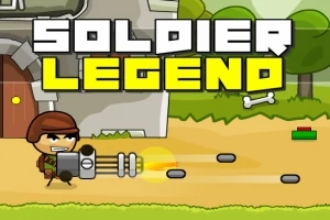 Tegnet soldat med hjelm bruker skytevåpen foran en borg med teksten Soldier Legend i store bokstaver
