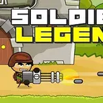 Tegnet soldat med hjelm bruker skytevåpen foran en borg med teksten Soldier Legend i store bokstaver