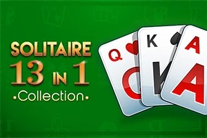Tekst Solitaire 13 in 1 Collection ved siden av en illustrasjon av tre spillekort med symbolene hjerter dame, kløver konge og ruter ess, på en grønn bakgrunn