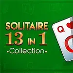 Tekst Solitaire 13 in 1 Collection ved siden av en illustrasjon av tre spillekort med symbolene hjerter dame, kløver konge og ruter ess, på en grønn bakgrunn