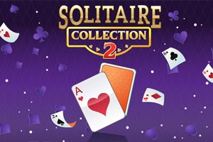 To spillkort mot en lilla bakgrunn med teksten Solitaire Collection 2 øverst, omgitt av kortsymboler