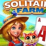 En smilende jente med hatt og en katt foran noen spillekort, omgitt av landbrukselementer som korn, tomater og blomster