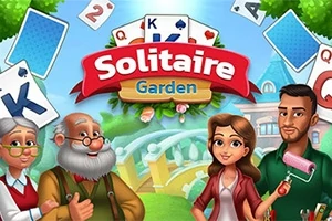 Tegneseriefigurer med et skilt som sier Solitaire Garden omgitt av spillkort og en hagebakgrunn