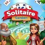 Tegneseriefigurer med et skilt som sier Solitaire Garden omgitt av spillkort og en hagebakgrunn