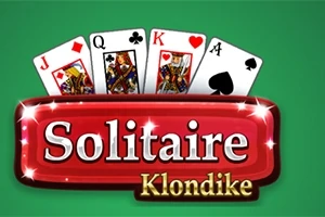 Et bilde av fire spillkort (ruter knekt, spar dame, hjerter konge, spar ess) over en rød logo med teksten Solitaire Klondike på grønn bakgrunn