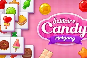 Et rosa sjakkbrett med godteritema, inkludert brikker med bilder av godteri som kjærlighet på pinne, drops og småkaker, og teksten Solitaire Candy Mahjong på høyre side
