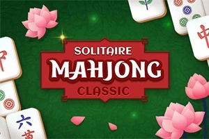 Røde bokstaver på grønn bakgrunn med rosa lotusblomster og mahjongbrikker rundt