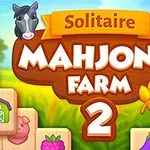 Fargerik illustrasjon med teksten Solitaire Mahjong Farm 2, dekorert med dyr og landbrukselementer
