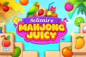 Fargerik illustrasjon med en papegøye, fruktikoner og teksten Solitaire Mahjong Juicy