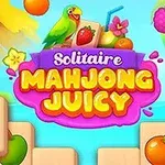 Fargerik illustrasjon med en papegøye, fruktikoner og teksten Solitaire Mahjong Juicy