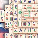 En illustrasjon med mahjong-brikker, en smilende katt med pote hevet, og en tradisjonell pagode foran et rosa landskap med trær og fugler