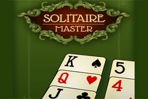Kort med symboler for spar, hjerter, kløver og ruter under et dekorativt banner med teksten Solitaire Master på grønn bakgrunn