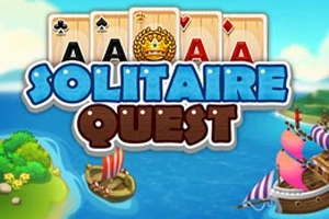 Kort med ess-symboler og en krone bak teksten Solitaire Quest med en kystlinje og skip i fargerike seil på vannet