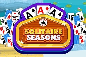 En haug med spillkort med symboler og tall vises bak et skilt som sier Solitaire Seasons med flere ess kort på toppen