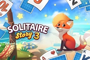 En tegnet rev sitter på en strand omgitt av spredte spillekort og teksten Solitaire Story 3