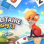 En tegnet rev sitter på en strand omgitt av spredte spillekort og teksten Solitaire Story 3