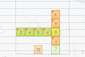 Et håndtegnet rutenett med fargerike bokser som inneholder tall og matematiske symboler arrangert som et puslespill