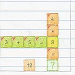 Et håndtegnet rutenett med fargerike bokser som inneholder tall og matematiske symboler arrangert som et puslespill