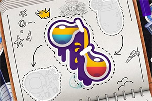 Tegning av solbriller med regnbuefargede linser og lilla mønster, omgitt av små doodle-tegninger på en notatblokk