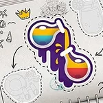 Tegning av solbriller med regnbuefargede linser og lilla mønster, omgitt av små doodle-tegninger på en notatblokk