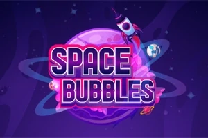 En rakett og planeter rundt en stor, rosa planet med teksten Space Bubbles i midten