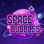 En rakett og planeter rundt en stor, rosa planet med teksten Space Bubbles i midten