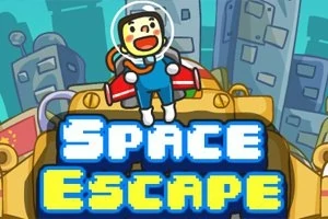 En tegnet astronaut i blå drakt med hjelm står foran en stor robot, med teksten Space Escape i pikselstil foran