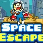 En tegnet astronaut i blå drakt med hjelm står foran en stor robot, med teksten Space Escape i pikselstil foran