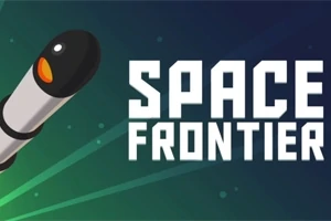 Rakett mot en grønn og blå gradient bakgrunn med teksten Space Frontier i store bokstaver