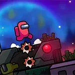 En rød astronautfigur hopper over en metallisk plattform i et fargerikt, stjernehimmelbelyst landskap med en stor planet i bakgrunnen